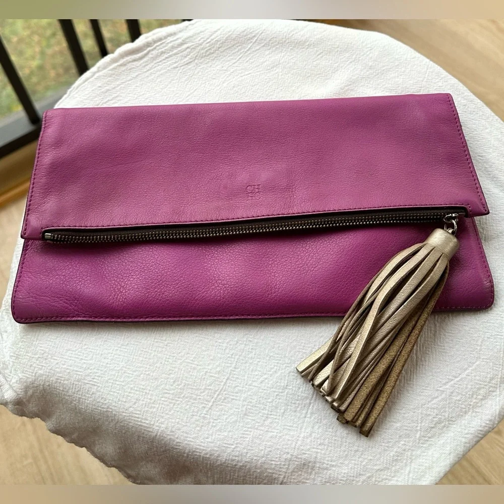 Quiet Luxury CH Carolina Herrera Fold-Over Fuchsia Clutch With Bronze Tassel